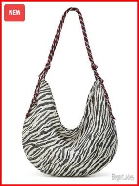 Large Canvas Crescent Hobo Bag Zebra Stripes Tote Shoulder Bag